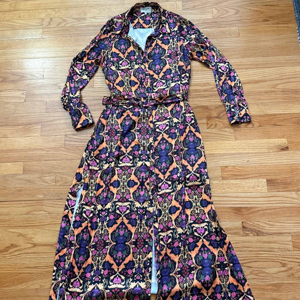 Dream Catcher  Floral Belted Front Button Long sleeve maxi  Dress 38